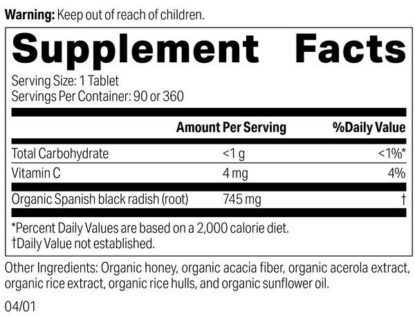 Spanish Black Radish, 20 Tablets, Rev 04 Supplement Label