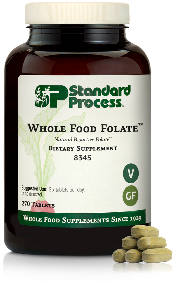 An image of a bottle of Whole Food Folate, next to 6 tablets. 