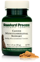 A bottle of Canine Musculoskeletal Support, a powder supplement for dogs’ muscles, ligaments and bone health, next to an image of the powder supplement.